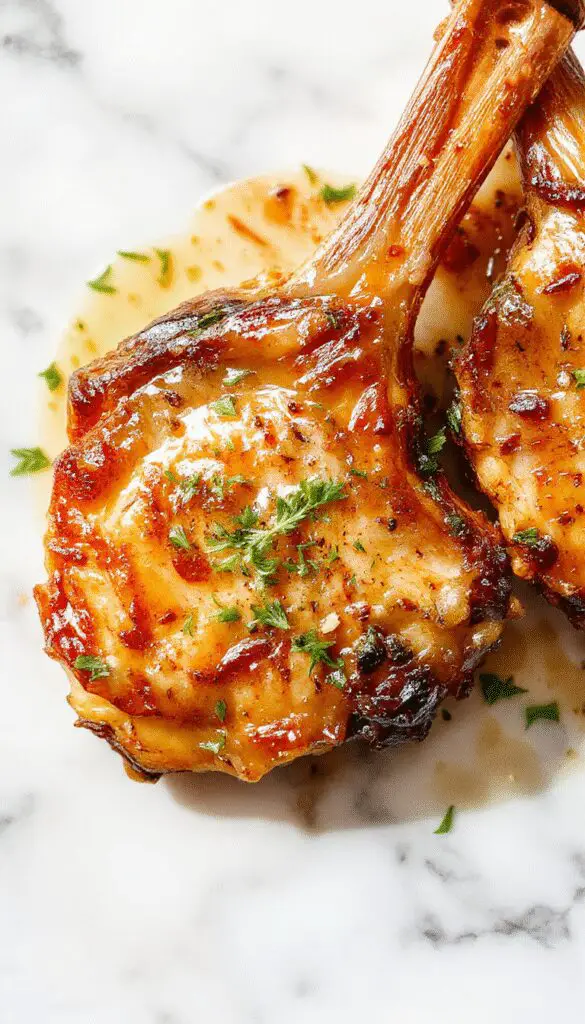Golden-brown pan-seared pork chop topped with melted garlic butter, placed on a rustic wooden board with fresh herbs and lemon wedges in the background, showcasing a juicy, perfectly cooked exterior and tender interior with a slightly crispy crust.