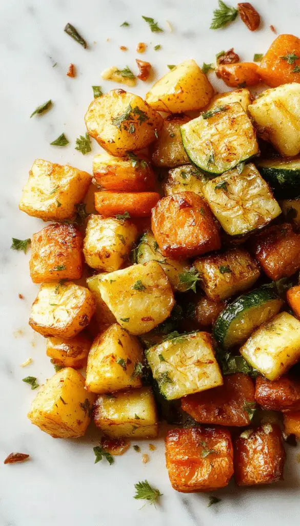 A rustic ceramic platter featuring golden-brown roasted potatoes, vibrant orange carrots, and tender green zucchini slices, all coated with herbs and garlic, arranged attractively with a sprinkle of fresh herbs on top, showcasing crispy edges and fresh ingredients.