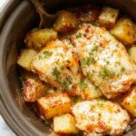 A hearty serving of garlic parmesan chicken and potatoes in a rustic white bowl. The golden-brown chicken pieces are topped with grated parmesan and minced garlic, surrounded by tender, roasted potatoes with crispy edges. The dish is garnished with fresh herbs and presented on a wooden table with a side of leafy greens and a sprinkling of parmesan cheese.