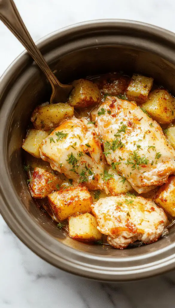 A hearty serving of garlic parmesan chicken and potatoes in a rustic white bowl. The golden-brown chicken pieces are topped with grated parmesan and minced garlic, surrounded by tender, roasted potatoes with crispy edges. The dish is garnished with fresh herbs and presented on a wooden table with a side of leafy greens and a sprinkling of parmesan cheese.