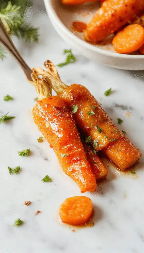 A close-up of a white serving dish filled with glossy, caramel-colored honey glazed carrots. The carrots are sliced diagonally, coated with a shiny honey glaze, and garnished with fresh herbs. The background features a rustic wooden table with hints of holiday décor, evoking warmth and festive cheer.