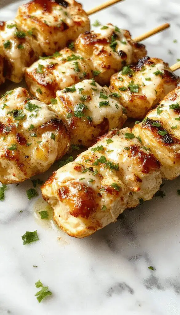 Plates with golden-brown grilled chicken skewers coated in a creamy Parmesan garlic sauce, garnished with fresh herbs, served alongside grilled vegetables on a rustic wooden table