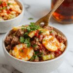 A vibrant hot honey protein bowl featuring seasoned ground beef topped with a drizzle of glossy golden honey, chopped green herbs, and red pepper flakes. The bowl is garnished with fresh herbs and served over a bed of colorful shredded vegetables, showcasing a appealing mix of textures and colors that highlight the savory and sweet elements.