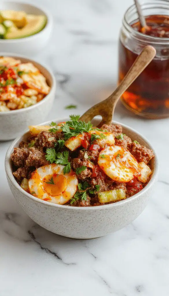 A vibrant hot honey protein bowl featuring seasoned ground beef topped with a drizzle of glossy golden honey, chopped green herbs, and red pepper flakes. The bowl is garnished with fresh herbs and served over a bed of colorful shredded vegetables, showcasing a appealing mix of textures and colors that highlight the savory and sweet elements.