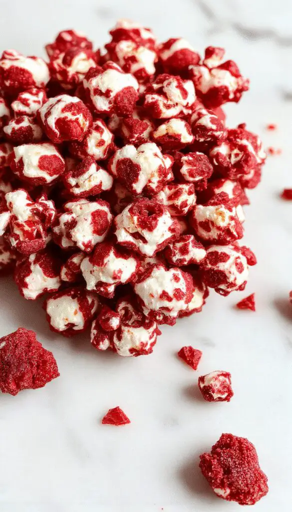 A close-up of vibrant red velvet popcorn shaped resembling bloody chunks, presented in a black bowl with dark, eerie lighting. The popcorn appears glossy with a slightly uneven, textured surface, mimicking a creepy, bloody appearance, surrounded by scattered red sugar sprinkles and dark drizzles for a horror effect.
