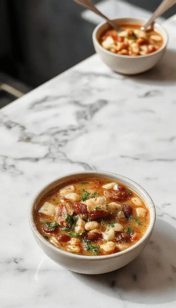 A rustic bowl of ham and bean soup, generously filled with chunks of pink ham, creamy white beans, and vibrant green herbs, set on a wooden table. The soup has a hearty, thick texture with steam gently rising from it, garnished with freshly chopped parsley and a slice of crusty bread on the side.
