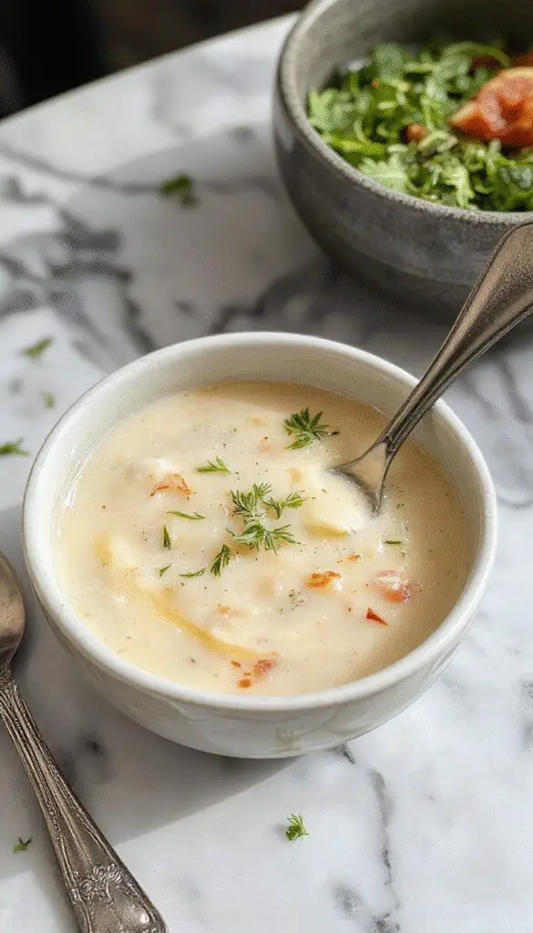 A creamy, pale beige cauliflower soup served in a rustic white bowl, garnished with fresh chopped herbs and a drizzle of olive oil, with a side of toasted gluten-free bread slices on a wooden table.