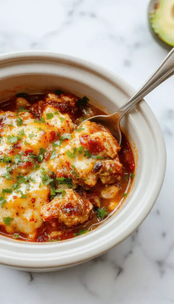 A hearty chicken enchilada casserole in a rustic oval ceramic dish, topped with melted cheese and garnished with fresh cilantro, showcasing layers of shredded chicken, enchilada sauce, and tortillas. The casserole is steaming, with vibrant red sauce and golden cheese visible, set against a warm, inviting fall-themed background with autumn leaves.