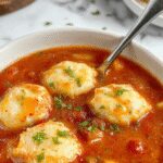 A warm bowl of tomato soup topped with golden, flaky Cheddar Bay dumplings, surrounded by fresh parsley. The bowl is rustic and placed on a wooden table with a spoon beside it, steam gently rising from the hot soup.