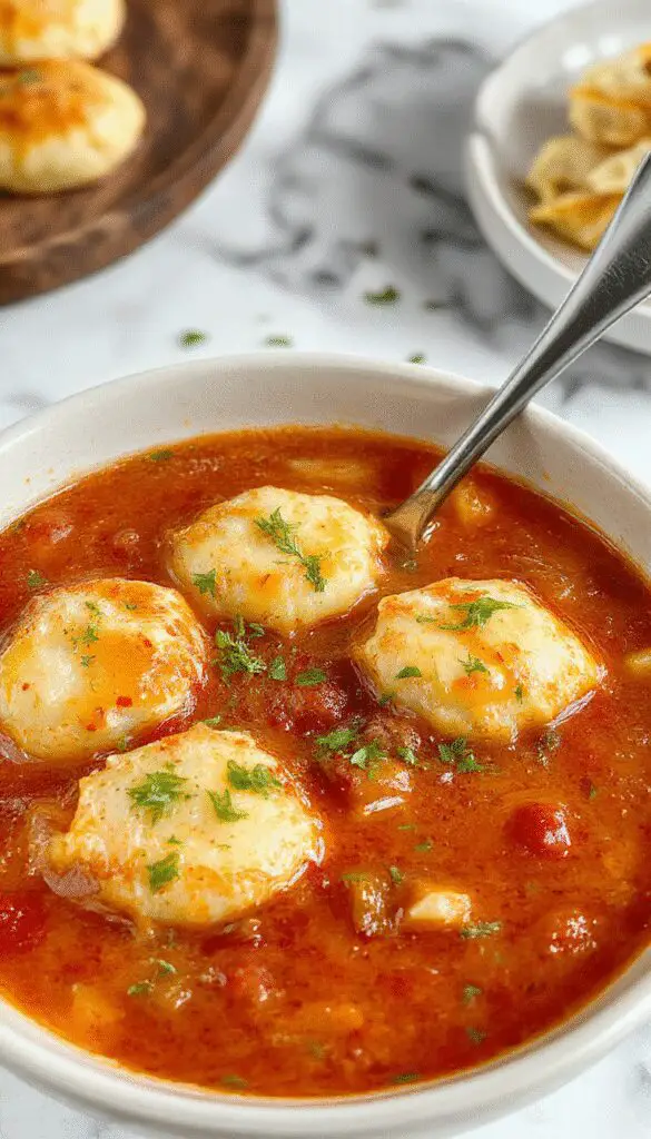 A warm bowl of tomato soup topped with golden, flaky Cheddar Bay dumplings, surrounded by fresh parsley. The bowl is rustic and placed on a wooden table with a spoon beside it, steam gently rising from the hot soup.