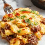 A steaming bowl of Philly Cheesesteak Mac & Cheese featuring tender sliced beef, melted cheese, and perfectly cooked pasta topped with fresh herbs, all presented in a rustic white bowl with a creamy sauce and colorful garnishes.