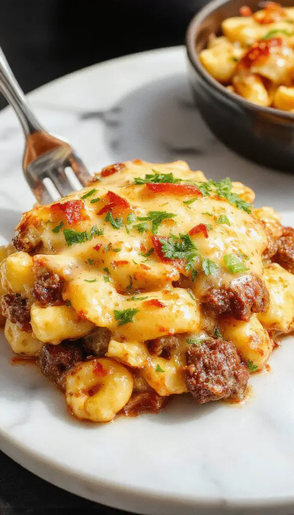 A steaming bowl of Philly Cheesesteak Mac & Cheese featuring tender sliced beef, melted cheese, and perfectly cooked pasta topped with fresh herbs, all presented in a rustic white bowl with a creamy sauce and colorful garnishes.