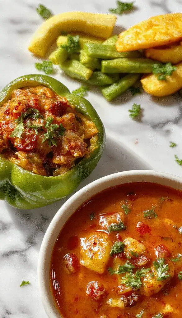 A bowl of vibrant stuffed pepper soup with colorful bell peppers, chunks of tender ground meat, tomatoes, and herbs, garnished with fresh parsley, served in a rustic white bowl on a wooden table with a spoon and a sprig of herbs around.