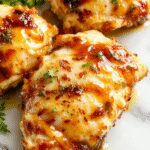 Plate featuring golden-brown honey garlic chicken breasts glazed with a glossy sauce, garnished with minced garlic and fresh herbs, surrounded by vibrant vegetables on a white ceramic dish.