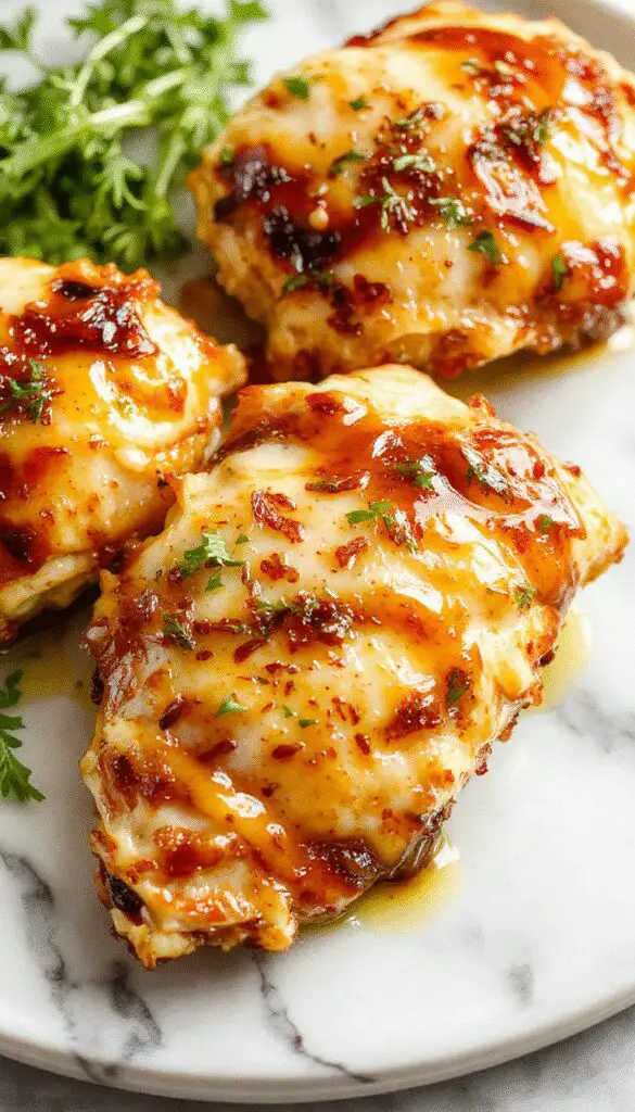Plate featuring golden-brown honey garlic chicken breasts glazed with a glossy sauce, garnished with minced garlic and fresh herbs, surrounded by vibrant vegetables on a white ceramic dish.