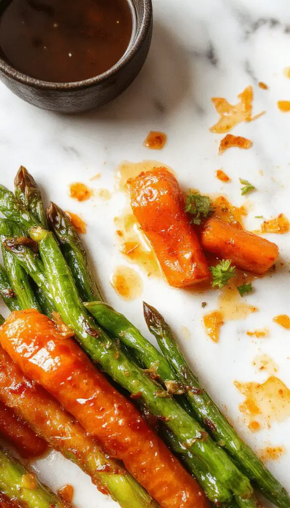 A vibrant plate featuring honey-glazed carrots and green beans, beautifully arranged with a glossy finish. The carrots are sliced into rounds, coated in a shiny honey glaze, and garnished with a sprinkle of fresh herbs. The green beans are tender, bright green, and slightly caramelized, complementing the carrots with their fresh, crisp appearance. The dish is presented on a rustic white plate, set against a wooden table with a soft, natural lighting highlighting the glossy textures and colorful presentation.