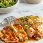 A perfectly baked chicken breast with golden-brown crispy exterior, sliced to reveal tender, juicy meat inside. The chicken is plated on a rustic wooden surface with fresh herbs and lemon slices garnished around it, highlighting a warm, inviting presentation with subtle seasoning visible on the surface.