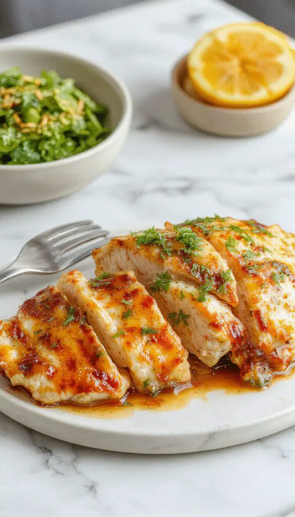 A perfectly baked chicken breast with golden-brown crispy exterior, sliced to reveal tender, juicy meat inside. The chicken is plated on a rustic wooden surface with fresh herbs and lemon slices garnished around it, highlighting a warm, inviting presentation with subtle seasoning visible on the surface.