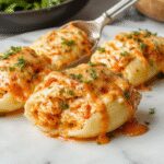 A close-up of a baking dish filled with golden-brown stuffed shells topped with a drizzle of creamy buffalo sauce and sprinkled with chopped green herbs, highlighting the cheesy, saucy texture and vibrant colors.