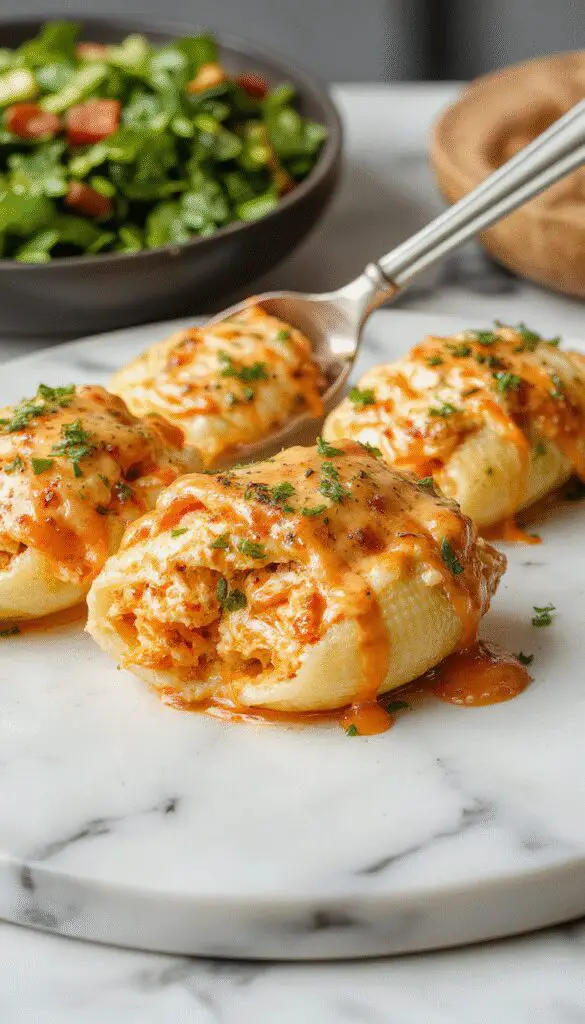 A close-up of a baking dish filled with golden-brown stuffed shells topped with a drizzle of creamy buffalo sauce and sprinkled with chopped green herbs, highlighting the cheesy, saucy texture and vibrant colors.