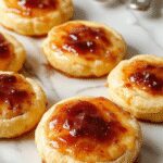 A close-up of golden-brown creme brulee cookies with a caramelized sugar crust on top. The cookies are arranged on a rustic wooden platter, with one broken open to reveal a creamy, custard-like interior. The surface of the cookies glistens under soft lighting, highlighting their crispy edges and smooth filling, with a few sugar crystals visible for added texture.