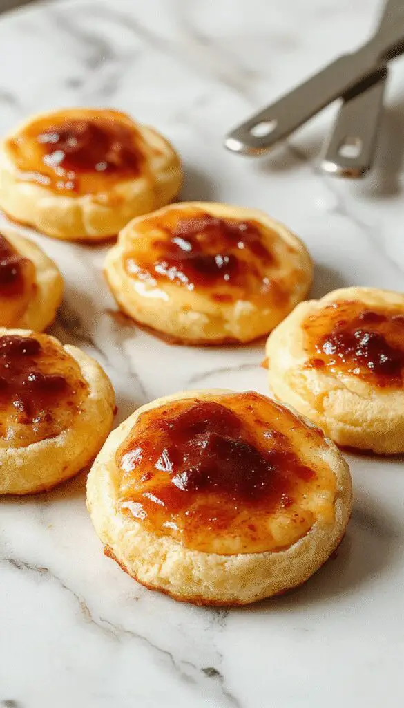 A close-up of golden-brown creme brulee cookies with a caramelized sugar crust on top. The cookies are arranged on a rustic wooden platter, with one broken open to reveal a creamy, custard-like interior. The surface of the cookies glistens under soft lighting, highlighting their crispy edges and smooth filling, with a few sugar crystals visible for added texture.