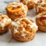 A golden-brown peach pie cruffin with a flaky, layered puff pastry exterior, topped with a drizzle of glossy peach glaze and sprinkled with powdered sugar. The cruffin is sliced open to reveal a vibrant, juicy peach filling that oozes out, framed on a rustic white plate with a sprig of mint and fresh peach slices nearby.