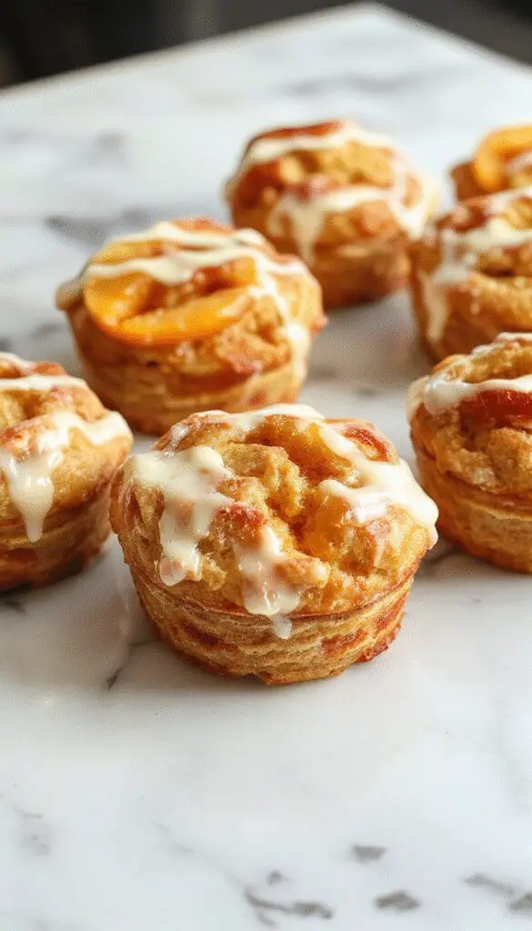 A golden-brown peach pie cruffin with a flaky, layered puff pastry exterior, topped with a drizzle of glossy peach glaze and sprinkled with powdered sugar. The cruffin is sliced open to reveal a vibrant, juicy peach filling that oozes out, framed on a rustic white plate with a sprig of mint and fresh peach slices nearby.