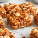 A close-up of golden-brown salted caramel apple bars with a caramel drizzle on top, garnished with crushed pecans and apple slices, arranged on a rustic wooden platter with a scattering of cinnamon.