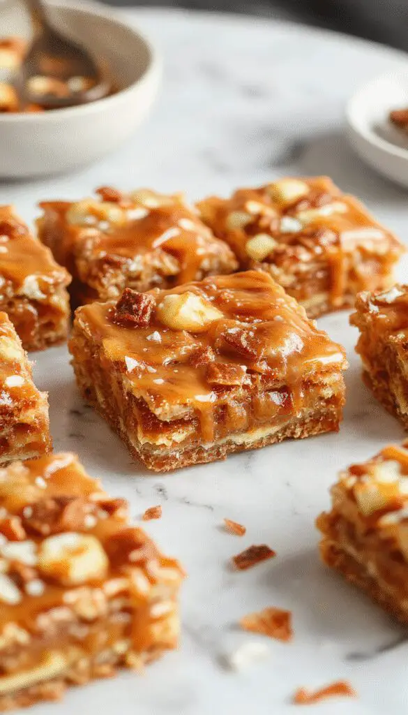 A close-up of golden-brown salted caramel apple bars with a caramel drizzle on top, garnished with crushed pecans and apple slices, arranged on a rustic wooden platter with a scattering of cinnamon.