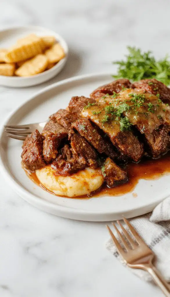A hearty Italian pot roast served in a rustic ceramic dish, featuring tender chunks of beef coated in rich, dark gravy with visible herbs and vegetables; accompanied by golden-brown oven-baked Gorgonzola polenta slices, topped with a sprinkle of fresh herbs, all presented on a wooden table with a cozy, warm atmosphere.