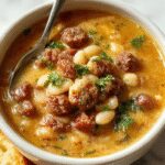 A hearty bowl of Italian sausage white bean soup garnished with chopped parsley and grated Parmesan cheese, served in a rustic white bowl on a wooden table with a slice of crusty bread on the side.