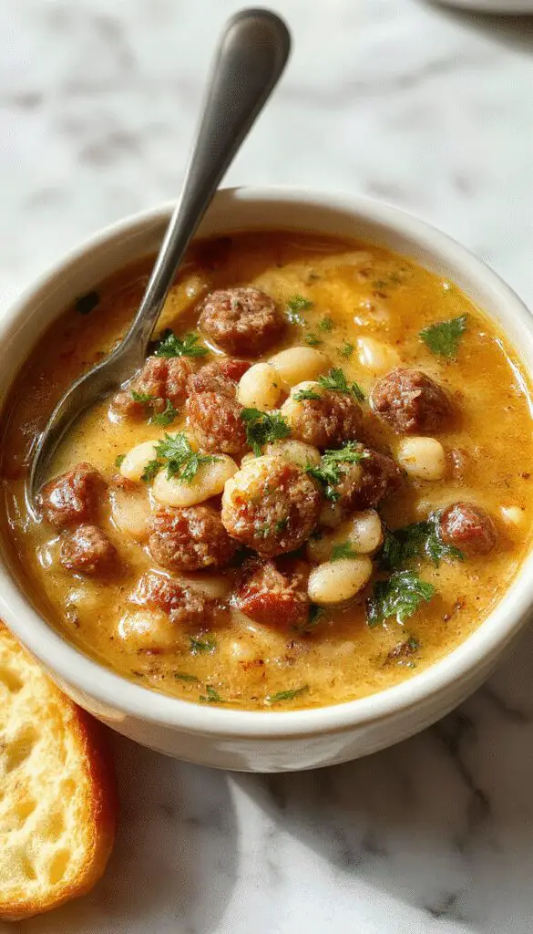 A hearty bowl of Italian sausage white bean soup garnished with chopped parsley and grated Parmesan cheese, served in a rustic white bowl on a wooden table with a slice of crusty bread on the side.