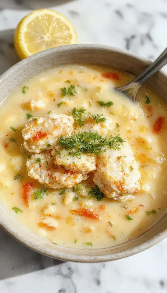 A steaming bowl of Lemon Chicken Orzo Soup garnished with fresh lemon slices, herbs, and shredded chicken, served with a sprinkle of black pepper. The vibrant yellow lemon slices contrast with the creamy broth and tender orzo pasta, creating an inviting, comforting presentation.