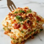 A generous slice of loaded veggie white lasagna on a white plate, revealing layers of creamy béchamel sauce, sautéed vegetables, and melted cheese, topped with fresh basil leaves. The dish is set on a rustic wooden table with a fork beside it, steam gently rising, highlighting the rich textures and colorful ingredients.