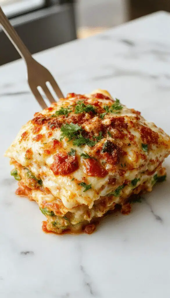 A generous slice of loaded veggie white lasagna on a white plate, revealing layers of creamy béchamel sauce, sautéed vegetables, and melted cheese, topped with fresh basil leaves. The dish is set on a rustic wooden table with a fork beside it, steam gently rising, highlighting the rich textures and colorful ingredients.