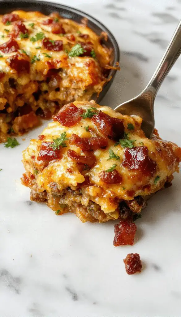 A bubbling, golden-brown casserole topped with crispy bacon and melted cheese, garnished with fresh chopped herbs. The dish is served in a rustic white ceramic baking dish, revealing layers of seasoned ground beef, cheese, and bacon, with a fork lifting a portion to showcase its cheesy, savory interior.