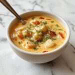 A steaming bowl of low carb crack chicken soup featuring shredded chicken, melted cheese, and green herbs, garnished with a sprinkle of herbs on top. The bowl sits on a rustic wooden table with a cozy, inviting atmosphere, showcasing vibrant colors and creamy textures of the soup, with bits of shredded chicken visible through the clear broth and melted cheese topping.