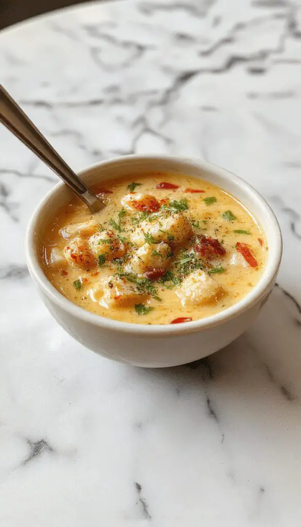 A steaming bowl of low carb crack chicken soup featuring shredded chicken, melted cheese, and green herbs, garnished with a sprinkle of herbs on top. The bowl sits on a rustic wooden table with a cozy, inviting atmosphere, showcasing vibrant colors and creamy textures of the soup, with bits of shredded chicken visible through the clear broth and melted cheese topping.