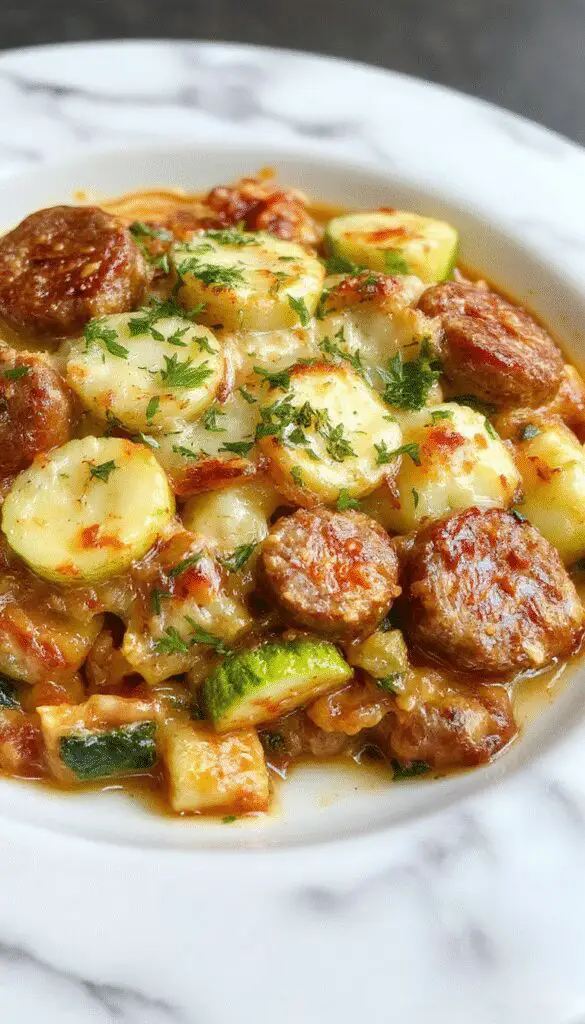 A slice of zucchini and sausage casserole showcasing golden-brown edges, vibrant green zucchini slices layered with browned sausage, topped with melted cheese and fresh herbs on a rustic plate
