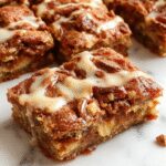 A close-up of a freshly sliced Maple Glazed Apple Blondie bar featuring a golden-brown top with a glossy maple glaze drizzle. Visible apple chunks and a creamy layer of cream cheese frosting peek from the cut edges. The dessert is placed on a rustic wooden surface, with a few whole apples and cinnamon sticks scattered around, enhancing the fall theme. The texture looks moist with a slight crumble on top, contrasting with soft interior layers.