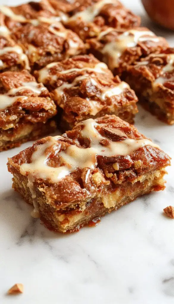 A close-up of a freshly sliced Maple Glazed Apple Blondie bar featuring a golden-brown top with a glossy maple glaze drizzle. Visible apple chunks and a creamy layer of cream cheese frosting peek from the cut edges. The dessert is placed on a rustic wooden surface, with a few whole apples and cinnamon sticks scattered around, enhancing the fall theme. The texture looks moist with a slight crumble on top, contrasting with soft interior layers.