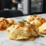 A close-up of a plate of Marry Me Tortellini featuring golden, tender tortellini pasta generously coated in a creamy sauce, garnished with fresh herbs, all artfully arranged on a white ceramic plate with a rustic wooden background.
