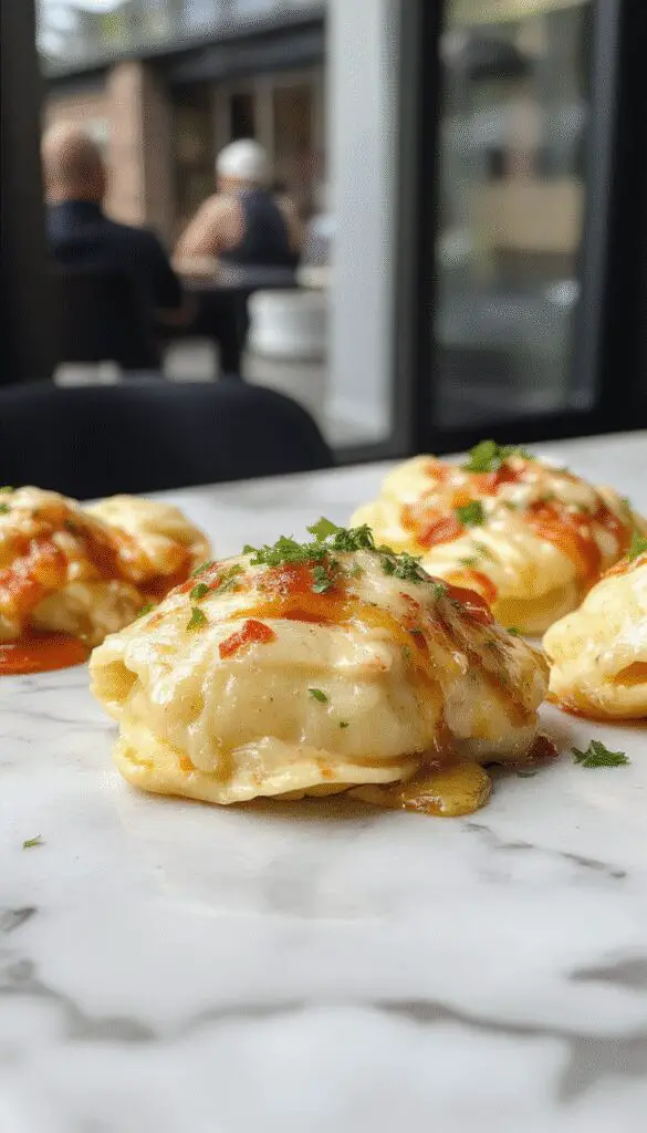 A close-up of a plate of Marry Me Tortellini featuring golden, tender tortellini pasta generously coated in a creamy sauce, garnished with fresh herbs, all artfully arranged on a white ceramic plate with a rustic wooden background.
