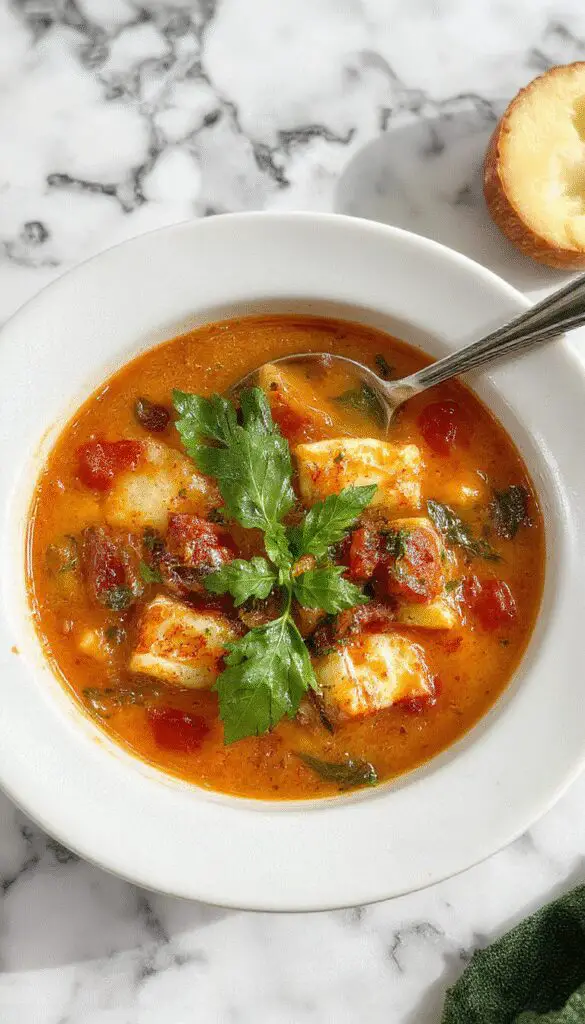 A steaming bowl of Mediterranean soup with vibrant colors, featuring chopped tomatoes, zucchini, chickpeas, and fresh herbs, garnished with a drizzle of olive oil and a sprig of basil, served in a rustic white bowl on a wooden table.