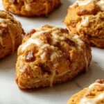 A close-up of golden-brown pumpkin cinnamon scones arranged on a rustic wooden platter, topped with a light dusting of powdered sugar and a drizzle of glaze. The scones display a flaky, crumbly texture with visible specks of pumpkin and cinnamon.