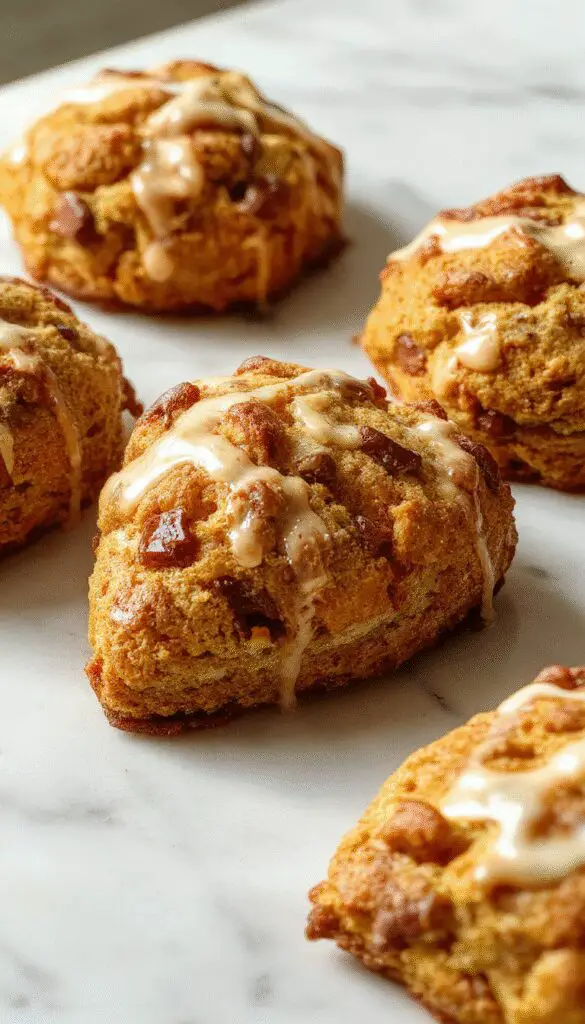A close-up of golden-brown pumpkin cinnamon scones arranged on a rustic wooden platter, topped with a light dusting of powdered sugar and a drizzle of glaze. The scones display a flaky, crumbly texture with visible specks of pumpkin and cinnamon.