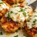 A close-up of a creamy basil sauce smothering tender, golden-brown chicken breasts topped with melted mozzarella cheese garnished with fresh basil leaves, served on a white plate with a drizzle of sauce and a few slices of mozzarella around the edges.