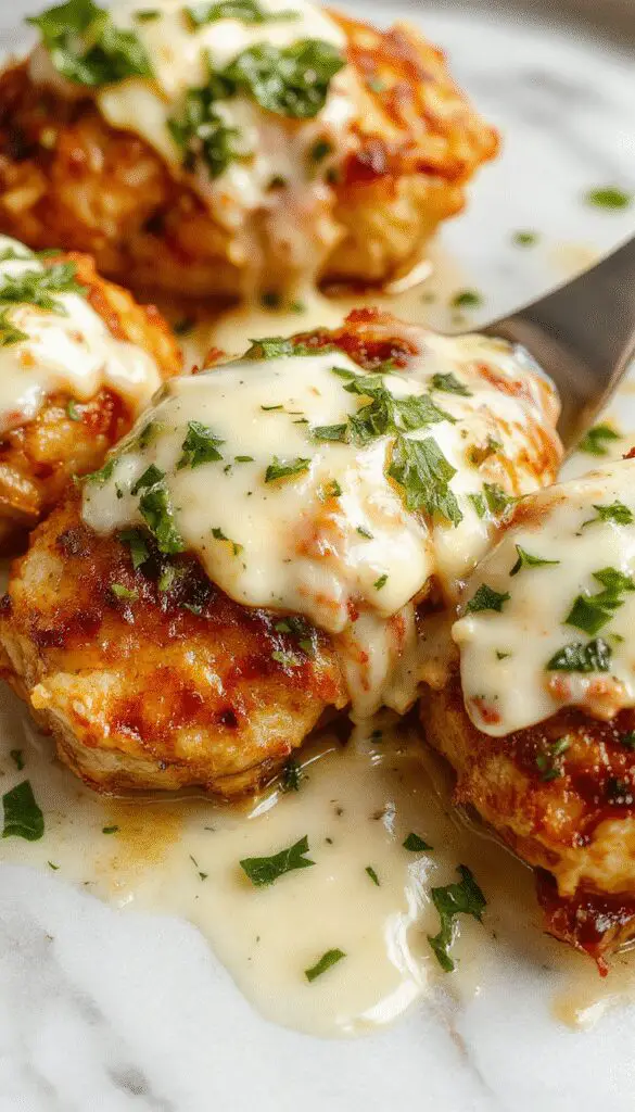 A close-up of a creamy basil sauce smothering tender, golden-brown chicken breasts topped with melted mozzarella cheese garnished with fresh basil leaves, served on a white plate with a drizzle of sauce and a few slices of mozzarella around the edges.