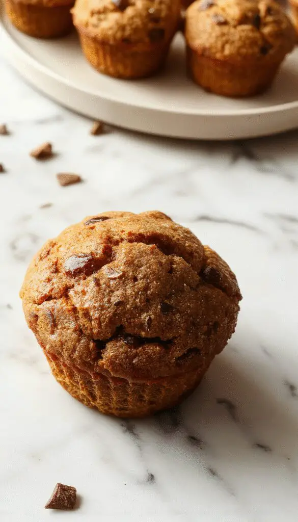 A close-up of warm pumpkin muffins topped with chocolate chips, arranged on a rustic wooden platter. The muffins have a golden-brown crust with melted chocolate chips visible on top, accompanied by a scattering of pumpkin seeds and a hint of cinnamon in the background.